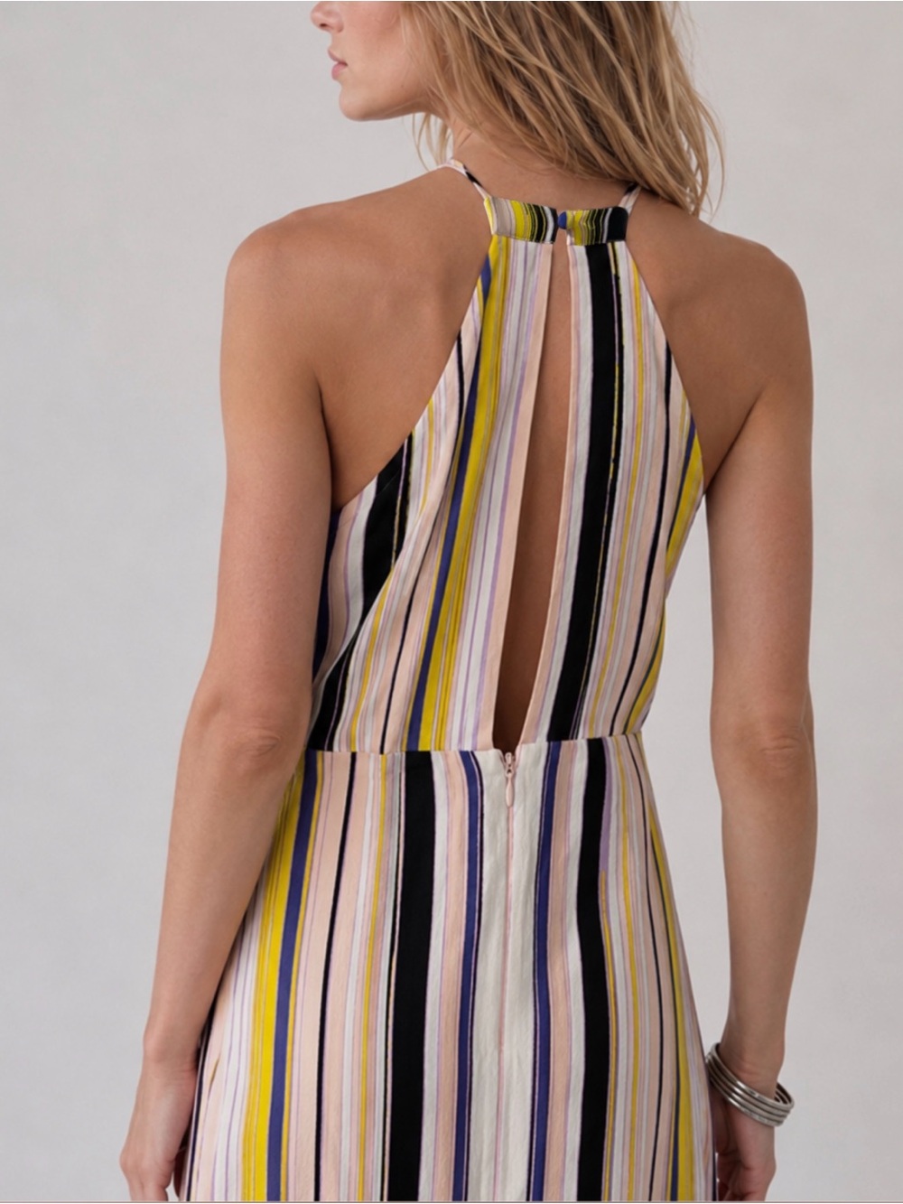 1.STATE Striped High Neck Halter Dress